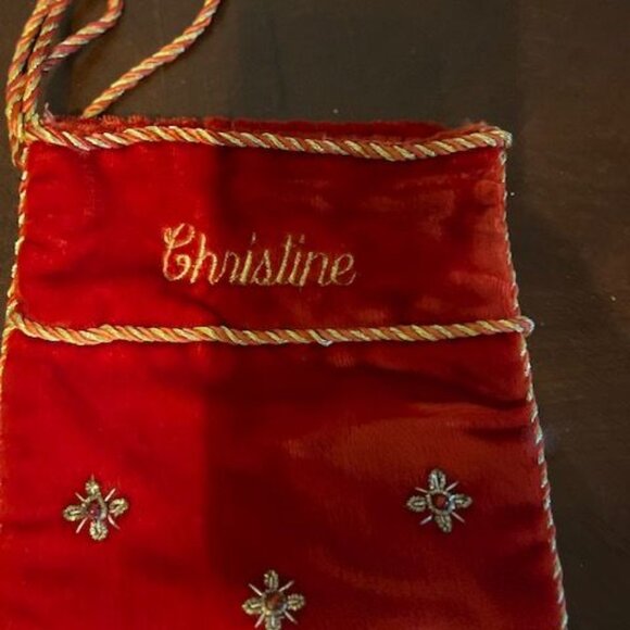 Vintage Red Velvet Christmas Stocking Embroidered Snowflakes & "Christine" Name - Picture 2 of 4